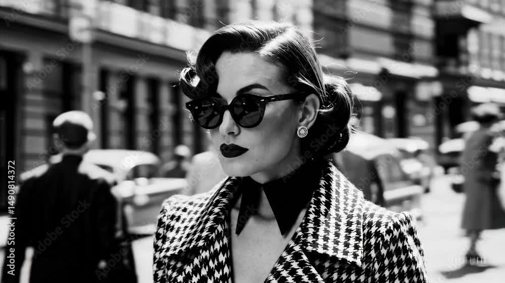 Glamorous woman in urban street with vintage cars and pedestrians, retro black and white style