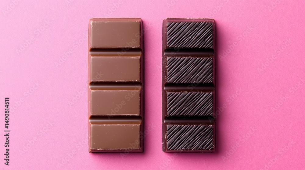 Fototapeta premium Two dark chocolate bars on pink background
