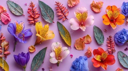 Colorful floral arrangement on a pastel purple background