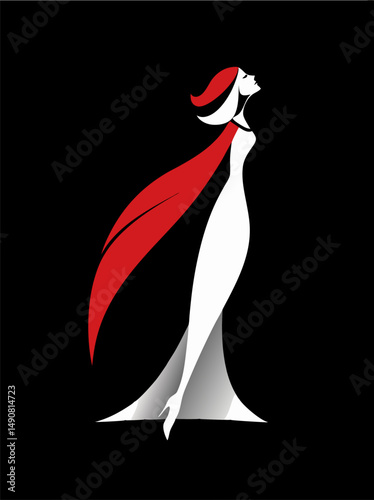 Minimalist vector illustration of a woman in a red and white cape with high collar, captured in silhouette and looking upward against a deep black background  
