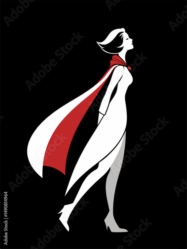 Silhouette of a stylish woman in a white and red cape on black background — minimalist vector logo design that conveys elegance, strength and modern femininity