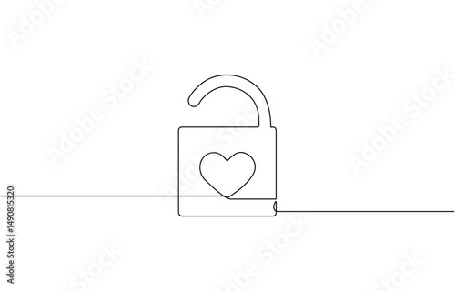 Continuous one line drawing of a padlock and love symbol, Portable lock with keyhole minimalist black linear sketch isolated on white background. Vector illustration.