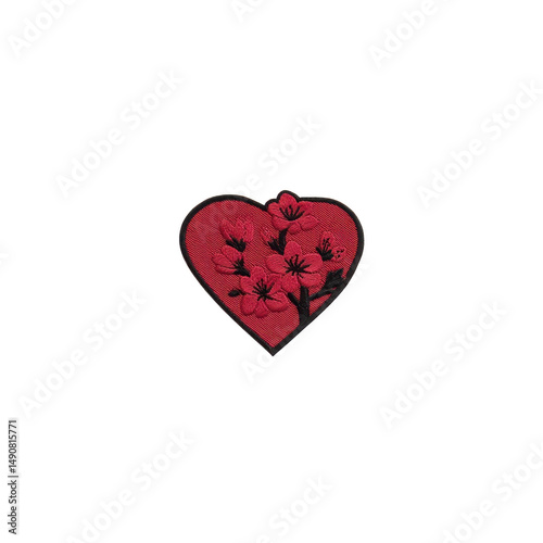 Heart shaped patch with intricate floral embroidery in red, featuring delicate blossoms and textured design, perfect for adding romantic touch to clothing or accessories