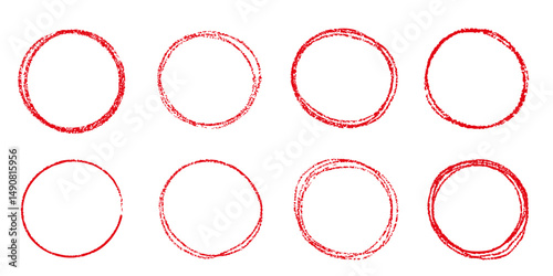 Red pencil crayon line circles in simple hand drawn grunge textured style collection. Chalk sketch doodle check underline frames.