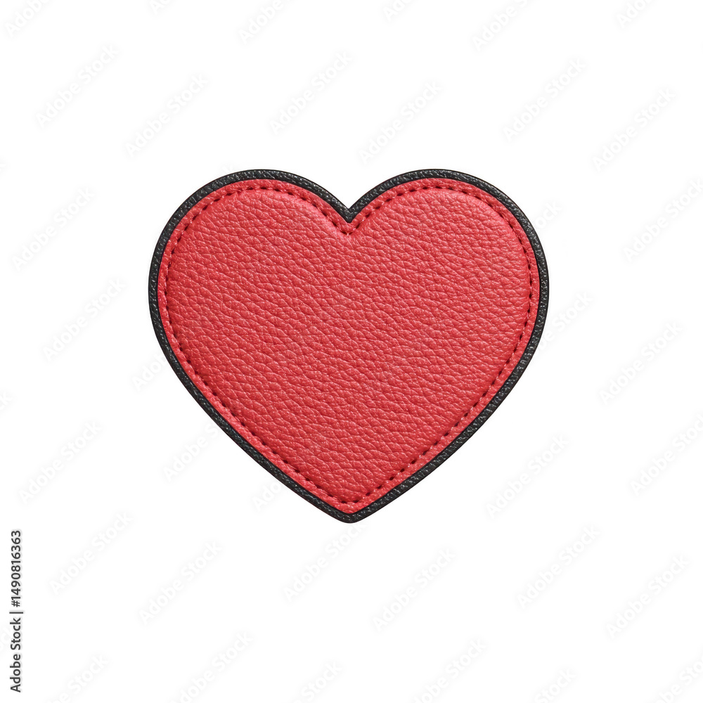 Fototapeta premium Red leather heart patch with black stitching, isolated on transparency background, conveys sense of love and craftsmanship