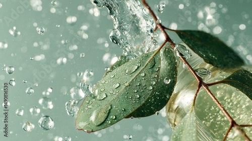 Cinematic pour shot of clear botanical shower gel cascading over eucalyptus leaves, suspended water droplets with light refraction, sage green marble background, spa-like aesthetic