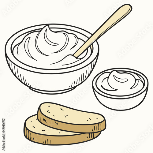 Creamy Yogurt Dip with Spoon and Toasted Bread Slices for Breakfast or Snack