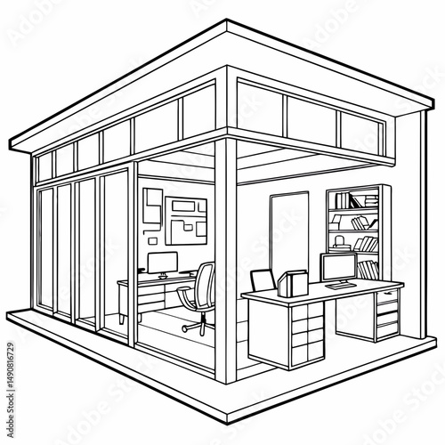 Modern Office Design Architectural Line Drawing of Contemporary Workspace with Glass Walls
