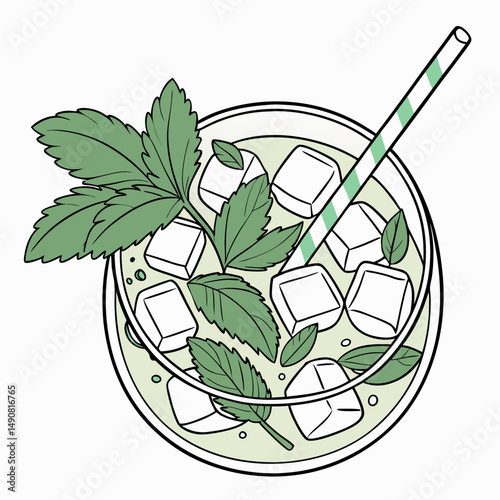 Refreshing Iced Mint Drink with Ice Cubes and Straw Top View Illustration