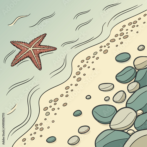 Serene Coastal Scene Starfish Smooth Stones and Gentle Ocean Waves on Sandy Beach