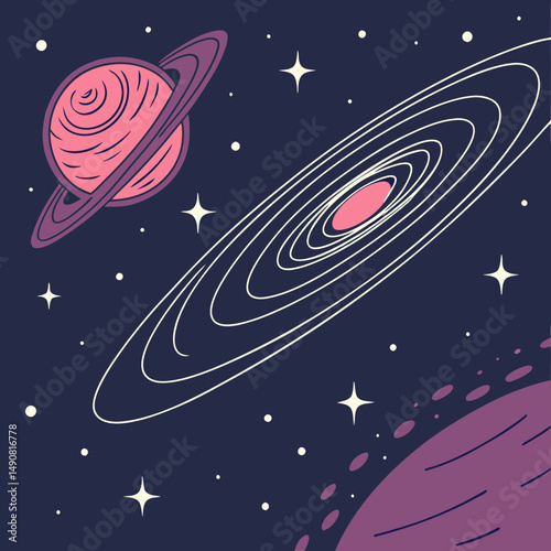 Celestial Planets Galaxy Rings Outer Space Cosmic Art Starry Night Astronomy Illustration Universe