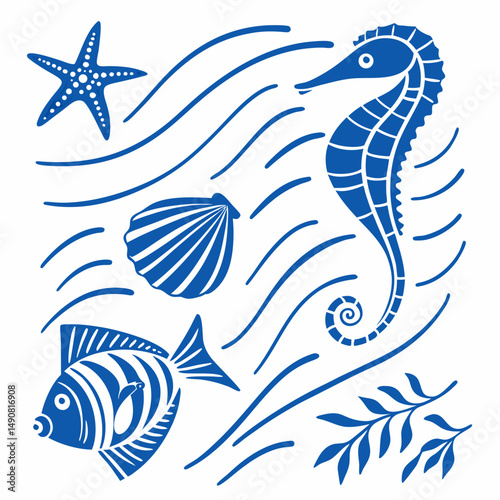 Undersea Ocean Life Blue Seahorse Starfish Clam Fish Seaweed Design