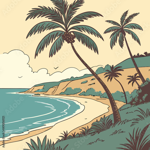 Serene Tropical Beach Scene Palm Trees Ocean Sandy Shore Coastal Vista