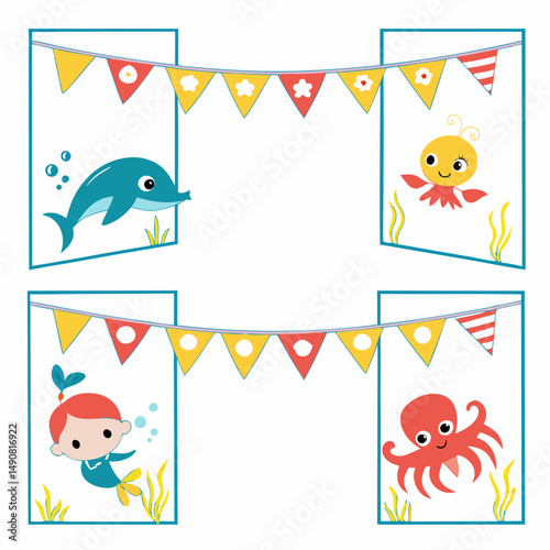 Adorable Ocean Creatures Bunting Underwater Birthday Party Invitation Design