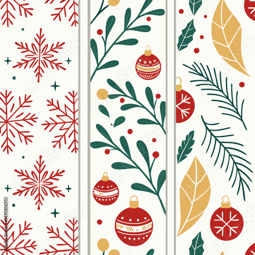Festive Christmas Seamless Patterns Snowflakes Holly Mistletoe Ornaments Winter Holiday Design