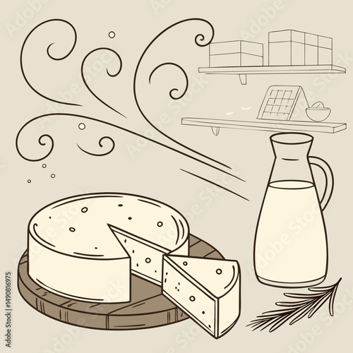 Delicious Cheese Wheel and Milk Illustration Dairy Farm Fresh Food Concept