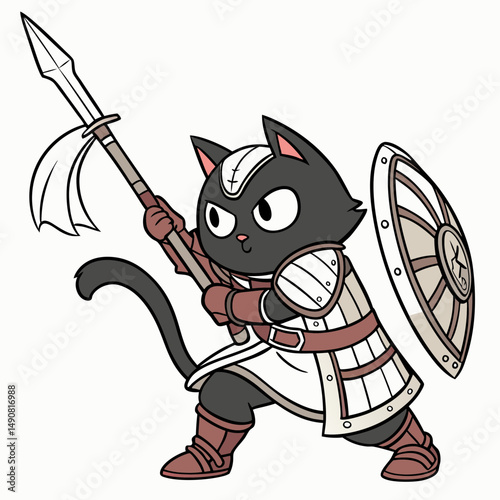 Brave Black Cat Knight Cartoon Character with Spear and Shield Fantasy Warrior Illustration
