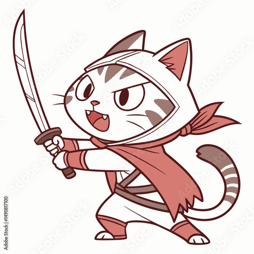 Adorable Tabby Cat Samurai Warrior Cartoon Illustration Cute Kitten Anime Character with Katana