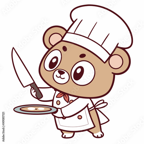 Adorable Cartoon Bear Chef Preparing Food Holding Knife and Plate