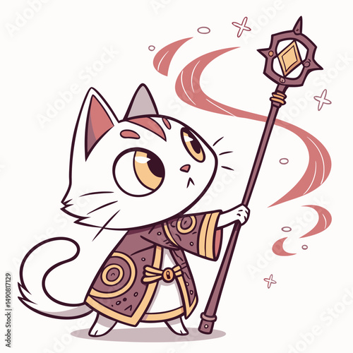 Adorable White Cat Wizard Cartoon Illustration Holding Magical Staff