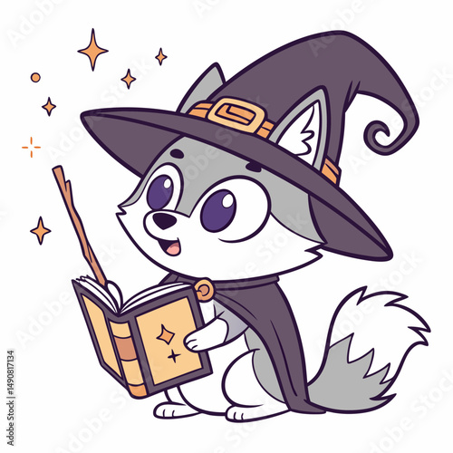 Adorable Husky Witch Puppy Reading Spell Book with Wand Halloween Cartoon Illustration