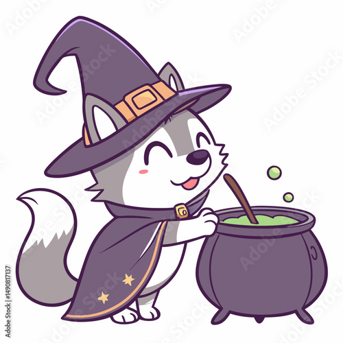Adorable Husky Puppy Witch Brewing Halloween Potion in Cauldron