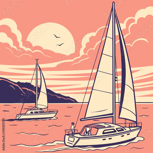 Sailboats at Sunset Scenic Coastal View of Two Yachts Sailing on Calm Waters