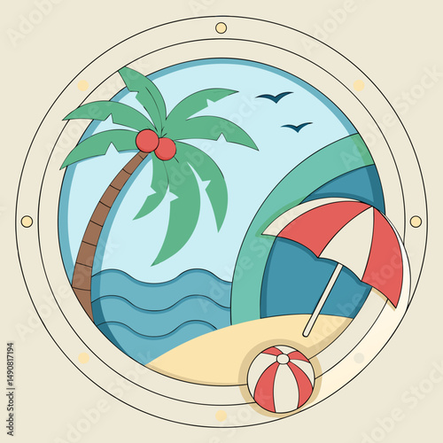 Tropical Beach Paradise Summer Vacation Scene with Palm Tree Beach Umbrella and Beach Ball in a