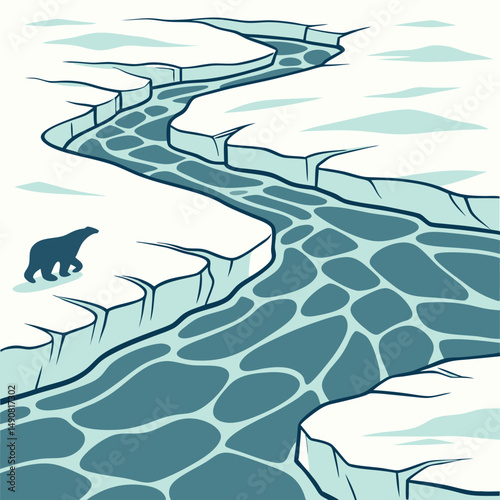 Polar Bear on Melting Ice Cap Climate Change Illustration Arctic River