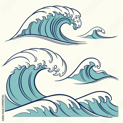 Collection of Stylized Ocean Waves Blue Teal Japanese Wave Art Design Elements
