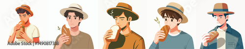 vector of a young man eating bread