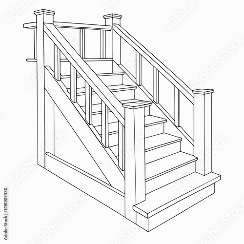 Architectural Drawing of Wooden Staircase with Railing Interior Design Home Improvement