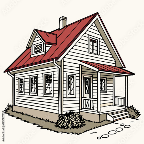 Charming Suburban House Illustration Red Roof White Siding Cozy Porch