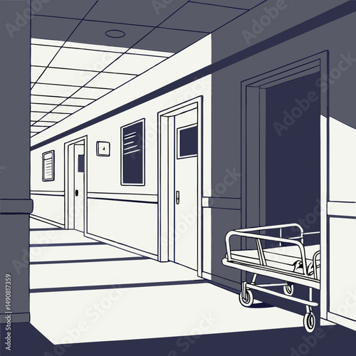Empty Hospital Corridor with Medical Stretcher Sterile Clean Interior Design