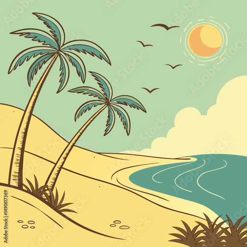 Tropical Beach Scene Two Palm Trees on Sandy Shore Turquoise Ocean Sunny Sky Illustration