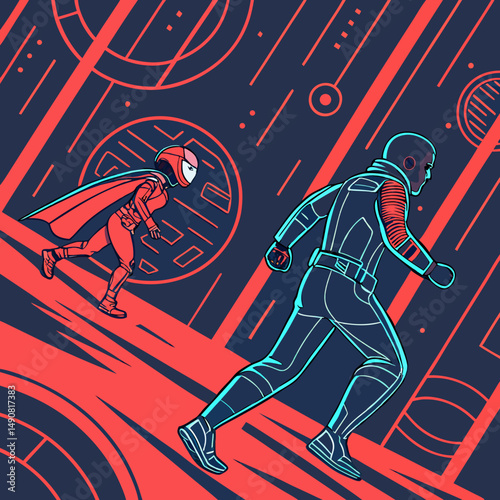 Futuristic Cyberpunk Runners Female and Male Figures in Neon Lit Sci Fi Setting