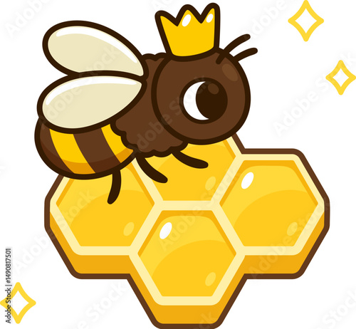 Cute cartoon Queen bee on honeycomb. Honeybee vector clip art illustration.