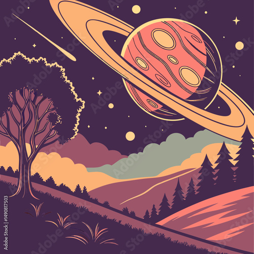Surreal Landscape with Ringed Planet Night Sky Trees and Hills Retro Style Illustration