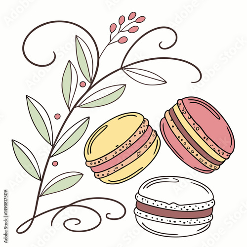 Delicious Pastel Macarons with Delicate Floral Branch Design Sweet Treat Illustration