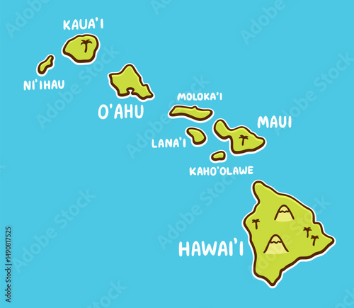 Hawaii map cute cartoon doodle. Hand drawn illustration of Hawaiian islands in simple vector style.