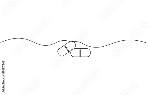 single continuous line capsule tablets line art vector illustration, One continuous line drawing of pills medicine . Single line of pills medicine vector illustration.