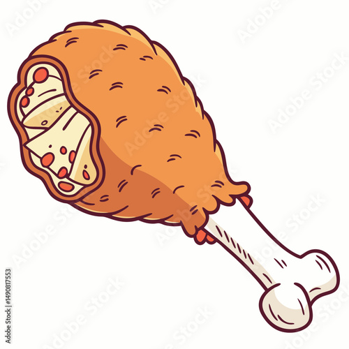 Crispy Fried Chicken Drumstick with Melted Cheese Cartoon Illustration