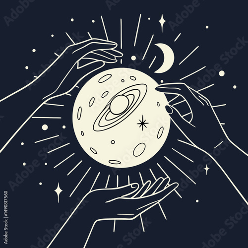 Celestial Hands Gently Cradle Planet Mystical Space Art Cosmic Energy Line Art Design