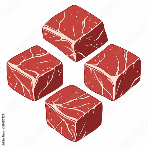 Four Cubes of Raw Red Meat Beef Steak Butcher Shop Food Illustration Culinary Image