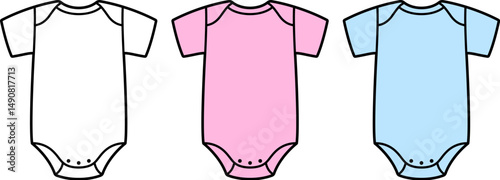 Cute cartoon baby onesie icon. Black and white outline, pink and blue color. Baby shower, gender reveal. Vector clipart illustration.