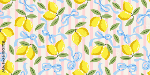Seamless pattern with yellow lemons, blue bows, and green leaves on soft pink stripes. A cheerful design with Italian summer mood — perfect for fabric, packaging, and seasonal decor.