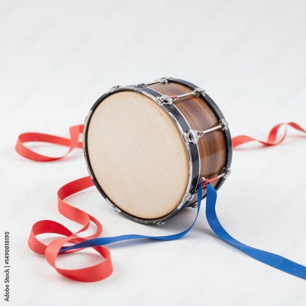 Fototapeta premium Small Drum with Colorful Ribbons on White Background