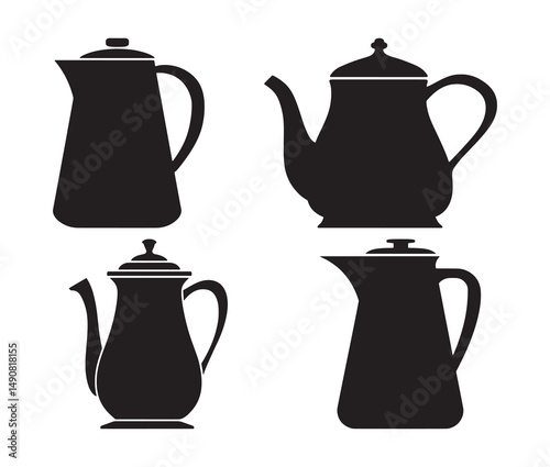 Silhouette teapot isolated on white background. Vintage teapot and coffee pot silhouette.