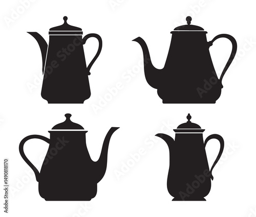 Silhouette teapot isolated on white background. Vintage teapot and coffee pot silhouette.