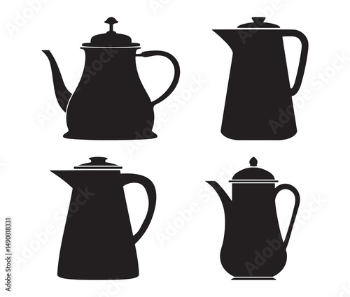 Silhouette teapot isolated on white background. Vintage teapot and coffee pot silhouette.
